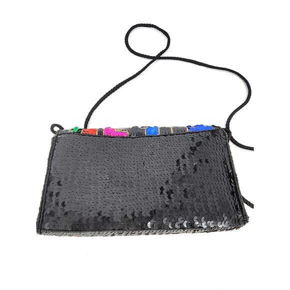 Geometric Sequin Crossbody Shoulder Bag Black with Multicolor Flap - Picture 2 of 13